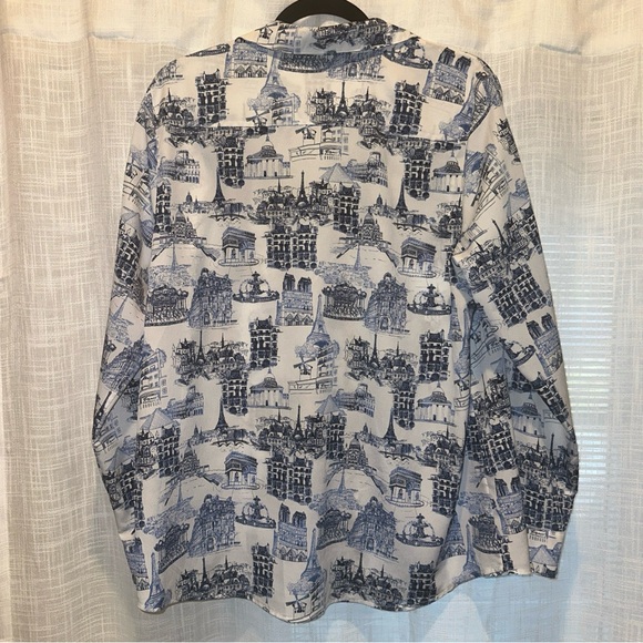 Karl Lagerfeld Womens Blouse XL Paris Print Button Up Roll Tab Parisian Scene - Picture 9 of 15